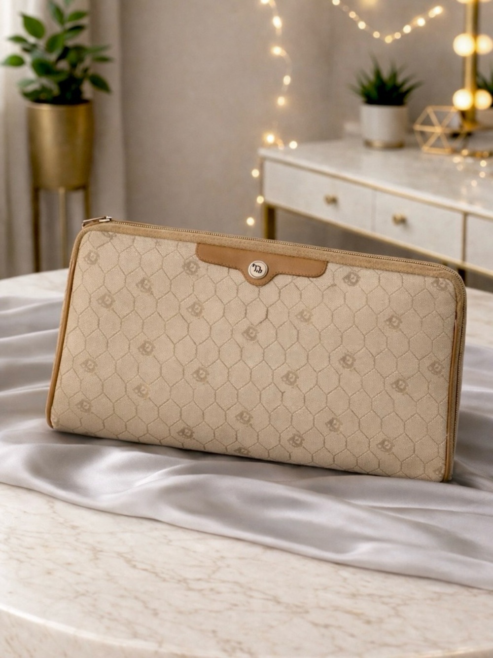 Dior Cannage (Honeycomb) Pouch – Beige Canvas with Brown Leather Trim